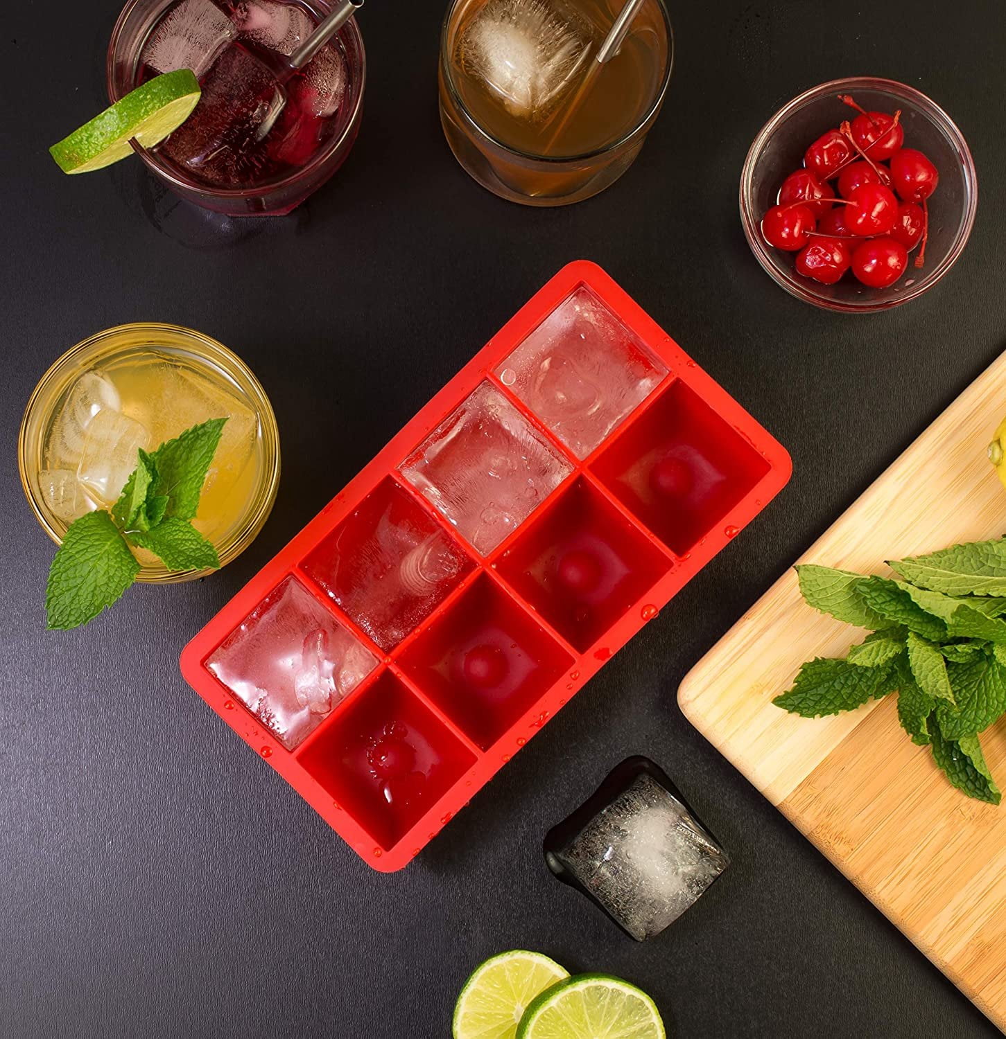 HIC Kitchen Big Block Silicone Ice Cube Tray, European-Grade, Non-Stick, Makes 8 Large Ice Cubes, Set of 2