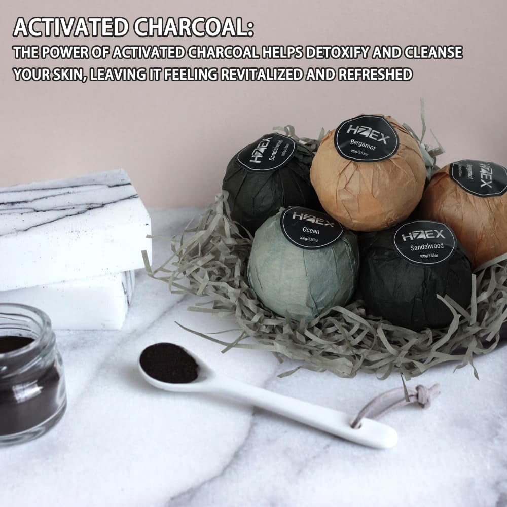 Bath Bombs, HZEX Luxury Charcoal 6 Large Natural Bathbomb Fizzes for Men Women, Organic Bath Bomb with Essential Oils and Shea Butter, Stress Relief and Relaxation, Detox with Charcoal Bathbombs