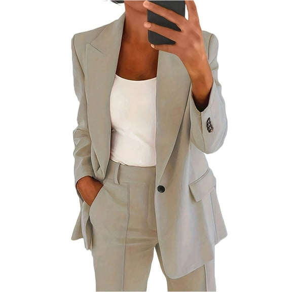 WTOBBY Women's Tailored Lapel Casual Jacket Blouse Top, Long Sleeve Slim Fit Cardigan Coat for Business Wear, Elegant and Professional Outerwear with Button Closure,Beige L