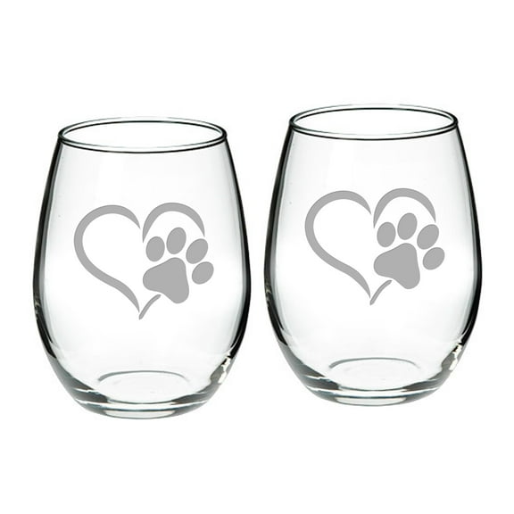 Paw Print Heart Deep Etched Stemless Red Wine Glass