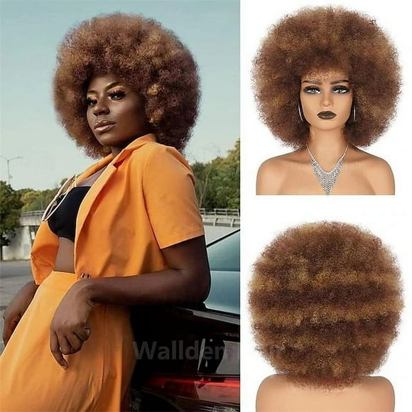 Zhuge Peluca afro suave de los años 70 para mujeres Pelucas de cabello afro rizado con flequillo Peluca afro de cabello sintético Peluca afro para uso diario en fiestas, Marrón medio