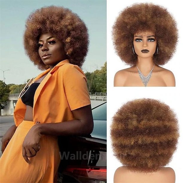 Zhuge Peluca afro suave de los años 70 para mujeres Pelucas de cabello afro rizado con flequillo Peluca afro de cabello sintético Peluca afro para uso diario en fiestas, Marrón medio