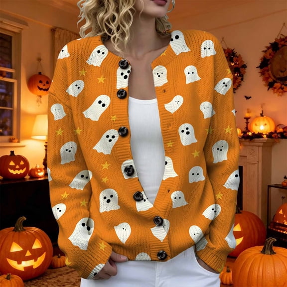 FSAGAE Women's Knit Cardigan Sweater Long Sleeve Button Down Pumpkin Graphic Print Orange S Casual Fall Halloween Outerwear Top