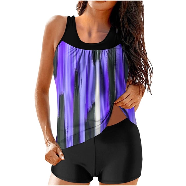 Modest Swimsuits for Women Gradient Print Back Cutout Sling Swimsuit with Skirted Top And Swim Trunks 2 Pc