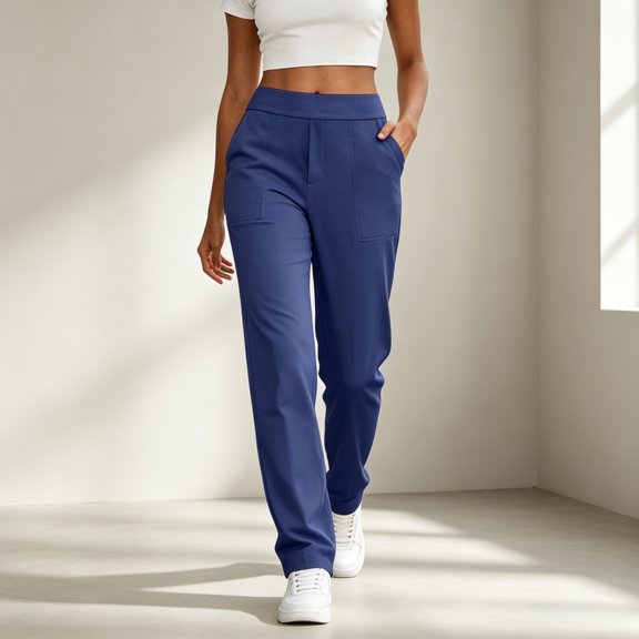 ZunFeo Womens High Waisted Straight Leg Casual Pants with Pockets Blue Stretch Elastic Waist Pull On Trousers for Office Business Casual Everyday Wear,Size L