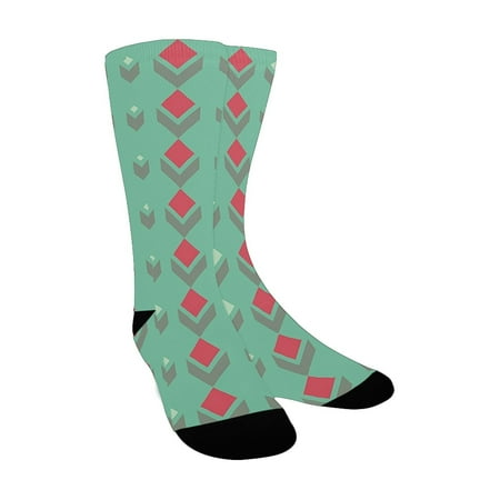 

Retro Vertical Squares Pattern with Chevron Geometrical Artistic Floral Design Red Seafoam Sage Gree Custom Socks for Women