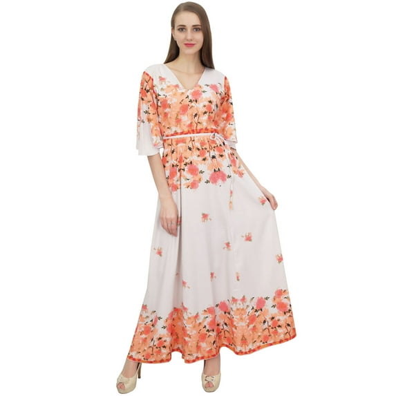 Bimba Women's Casual Floral Digital Printed White Long Moss Georgette Dress-20