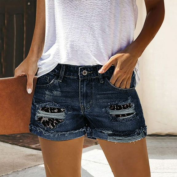 Aayomet Shorts For Women Women's Summer Ripped Denim Shorts High Waist Stretch Folded Hem Short Jeans Blue,XXL