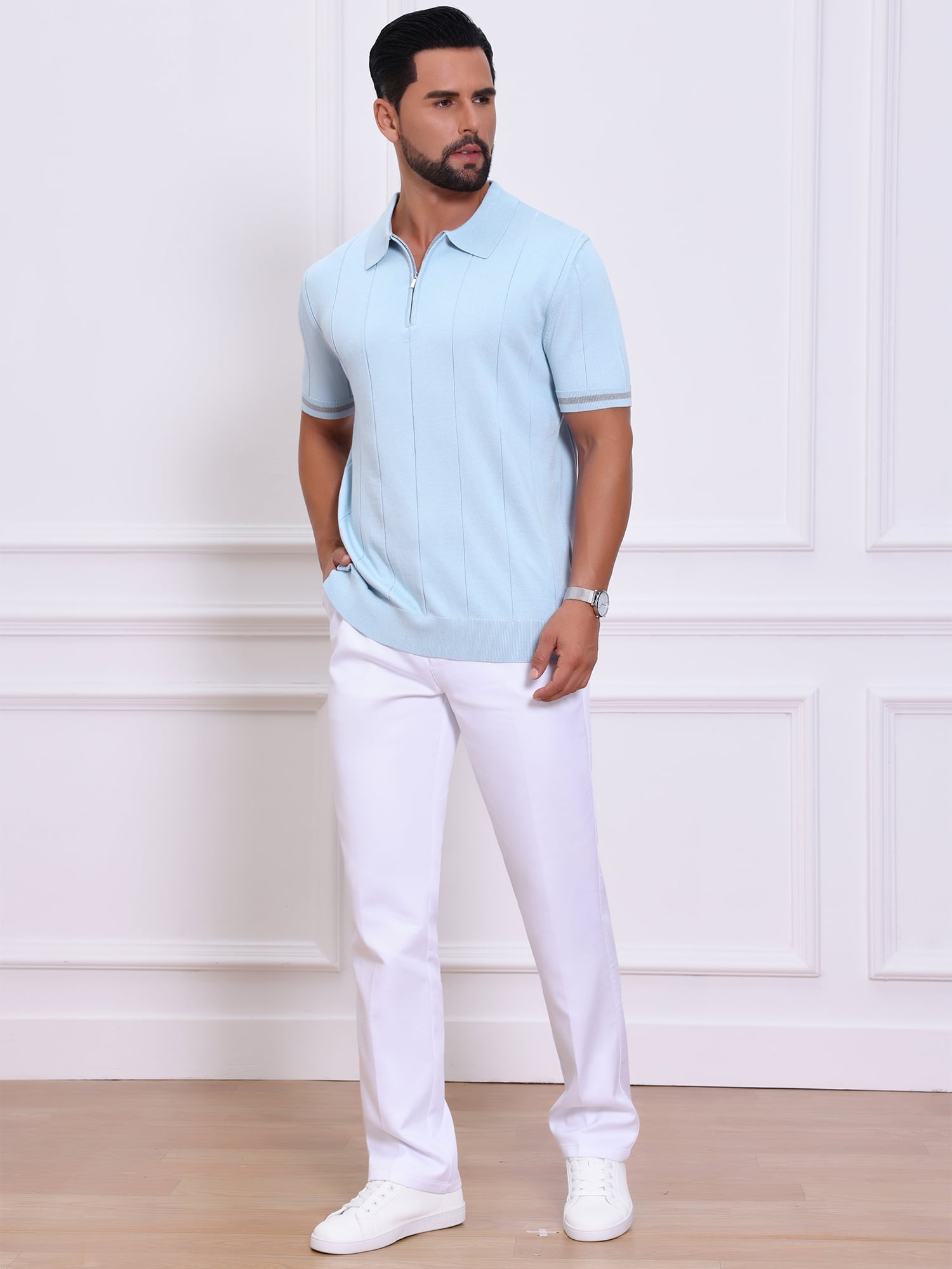 DARING DIVA Men's Textured Zip Up Ribbed Hem Short Sleeve Golf Polo Shirts S Light Blue