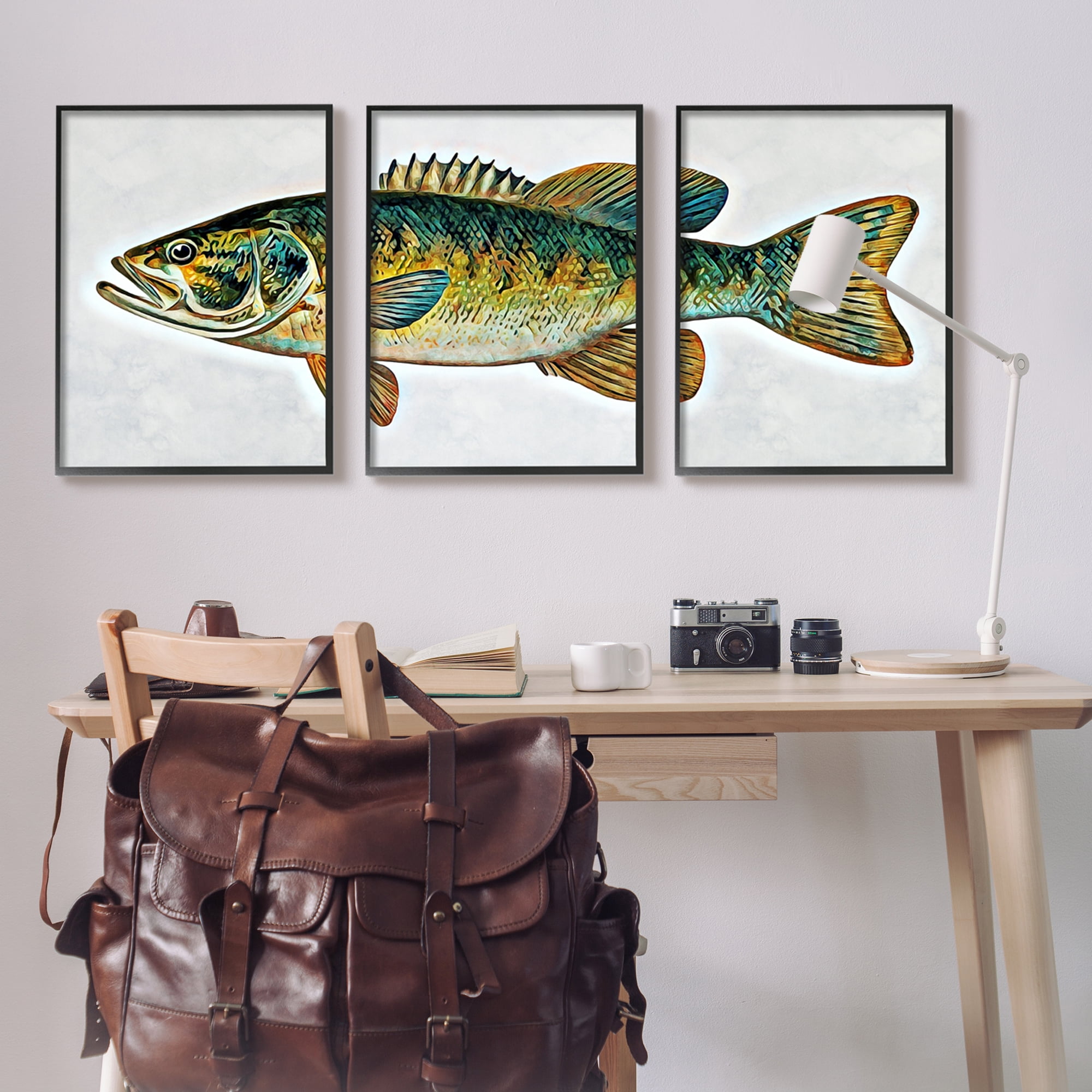 Stupell Lake House Bass Fish Wildlife Animals & Insects Painting Black Framed Art Print Wall Art, Set of 3
