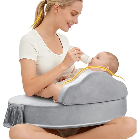 ACGROW Nursing Pillow - Memory Foam Bottle & Breastfeeding Pillow with Safety Fence - Ergonomic Support, with Wider Breast Feeding Cushion, Adjustable, Removable Cover, Baby Safety Certified Gray