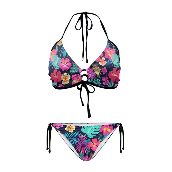 chaqlin Women's Halter Neck Two-Piece Bikini Set - Vibrant Tropical Hibiscus Floral Print - Sexy Tie Side Swimwear for Beach Vacation & Pool Party