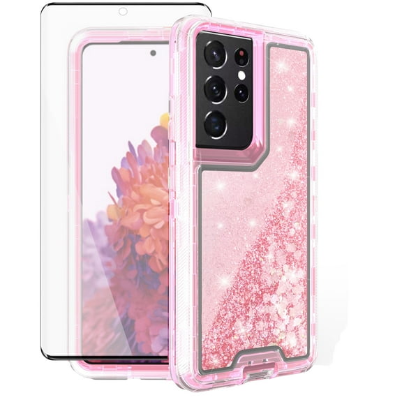Compatible with Samsung Galaxy S21 Ultra 5G Phone Case Tempered Glass Screen Protector Bling Liquid Glitter Clear Hybrid Shockproof TPU Military Grade Protective Heavy Duty Cell Cover Women Pink