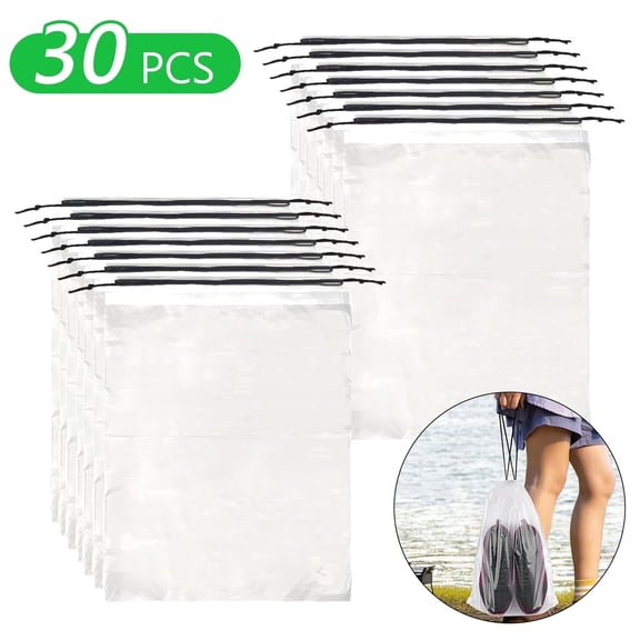 Tripumer 30 Pcs Transparent Shoe Bags Shoe Dust Bags Plastic Drawstring Bags for Travel Large Clear Shoes Storage Organizers Pouch