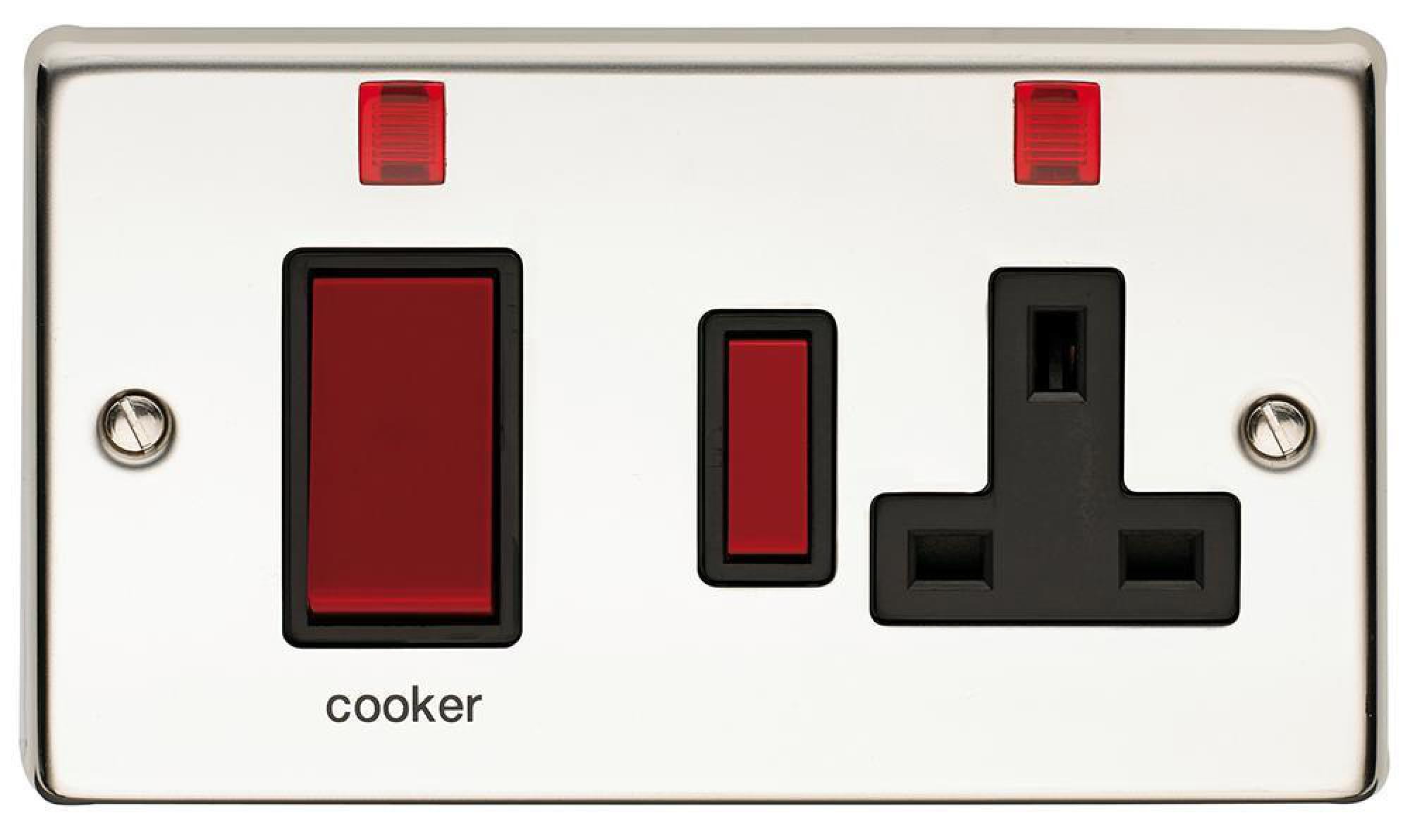 VOLEX ACCESSORIES Cooker Switch and Socket, Polished Chrome / Black