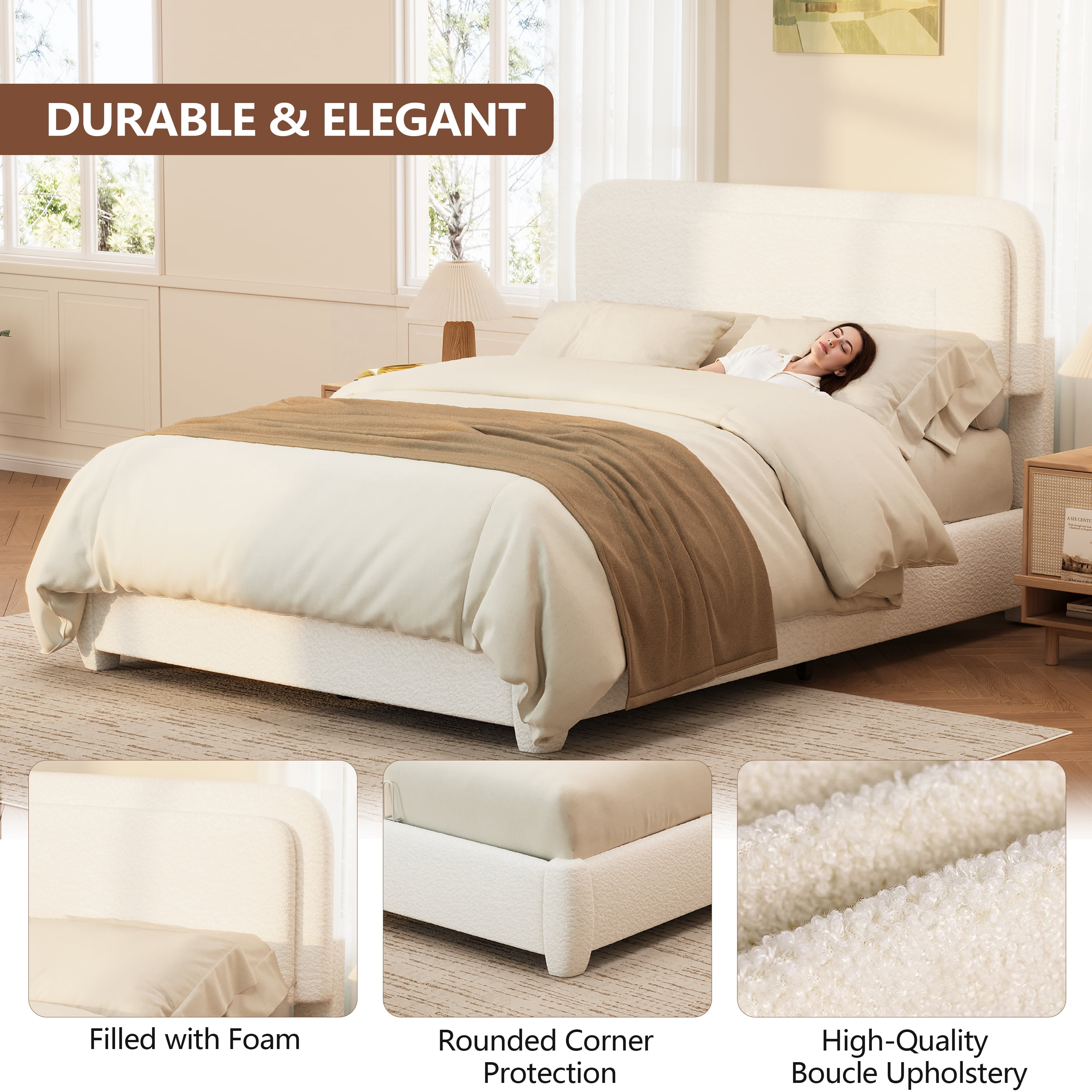 Miniyam Full Boucle Upholstered Platform Bed Frame with Adjustable Curved Headboard, Wood Slat Support, White