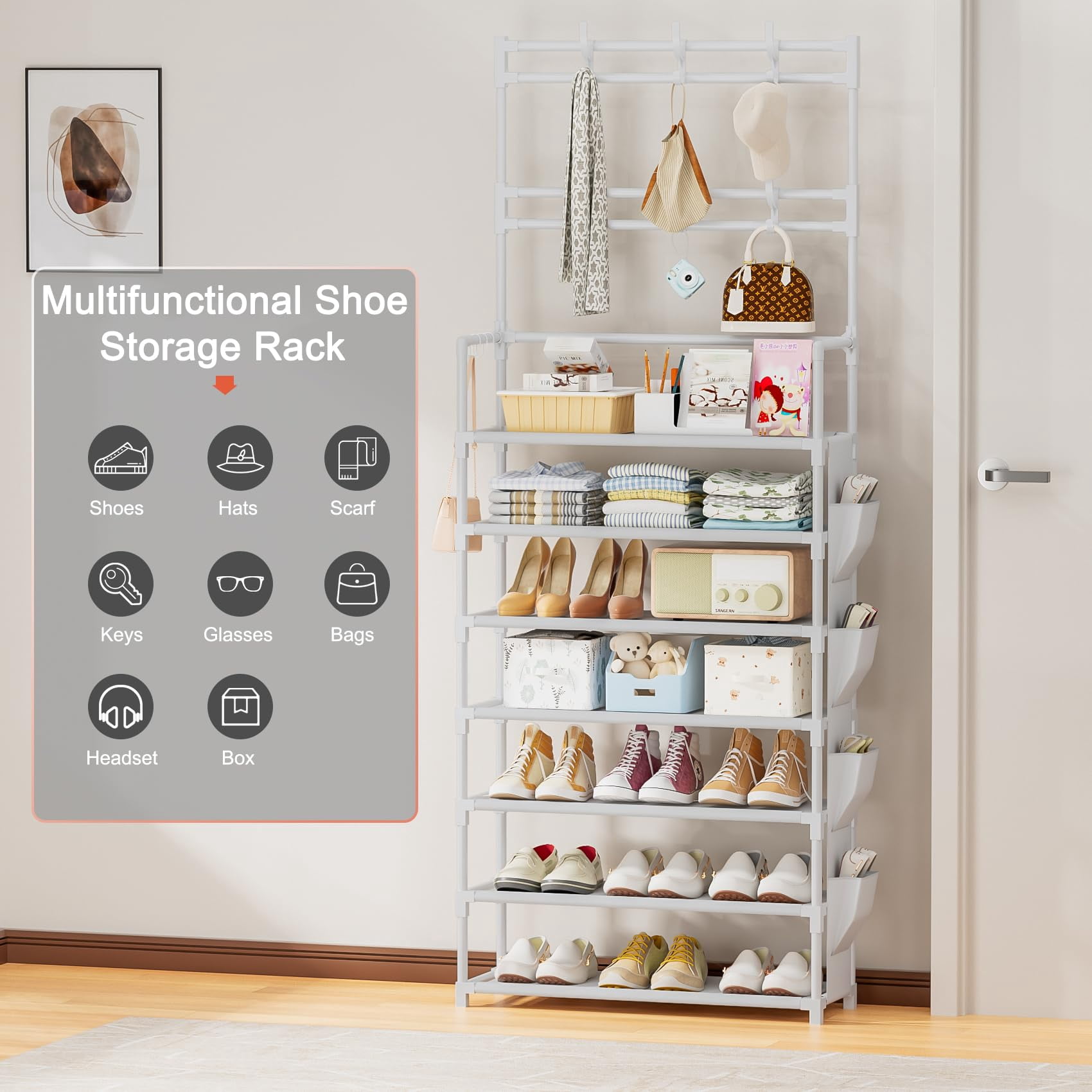 Shoe Rack 7 Tier Organizer Storage 21-28 Pairs Closet Shoes For Front Door Entrance With Hooks Side Pocket Entryway Large Capacity Shelf Tower Garage