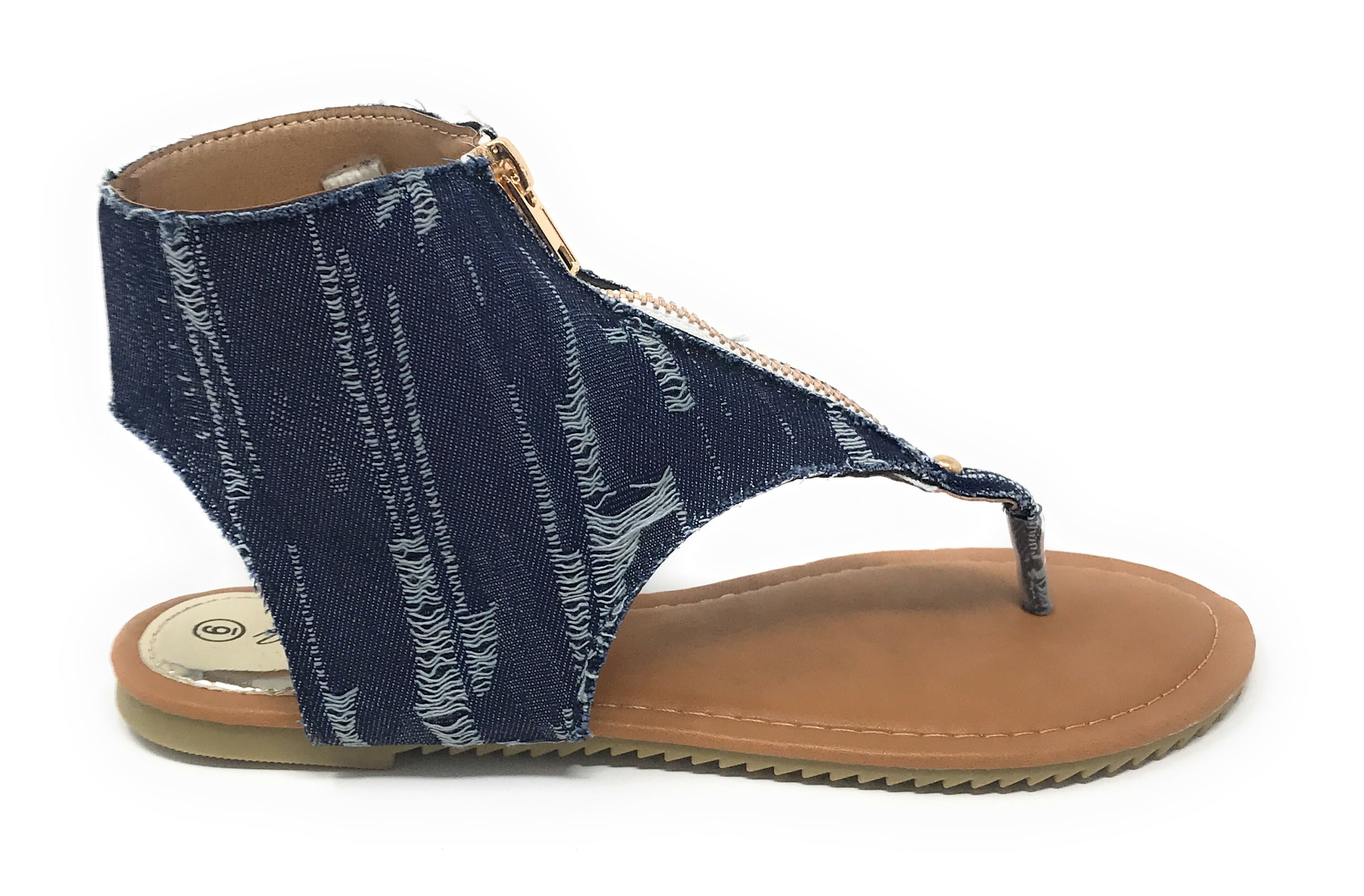 Victoria K Women's Distress Denim Zip Front Sandals