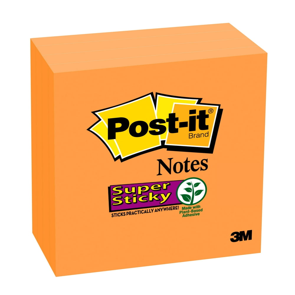 Postit Super Sticky Notes, 3" x 3", Neon Orange, 4 Pads