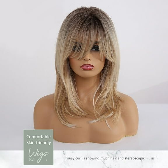 DOPI Brown Mixed Natural Blonde Wavy Ombre Synthetic Hair Wigs With Bangs For Women