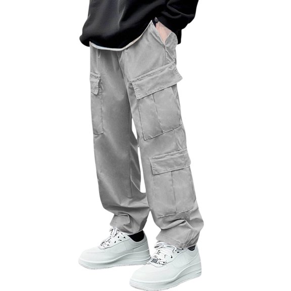 PIMSSY Men Cargo Pants Drawstring Elastic Waist Casual Baggy Pants Streetwear Pockets Male Leisure Solid Color Slacks For Running Daily Walking