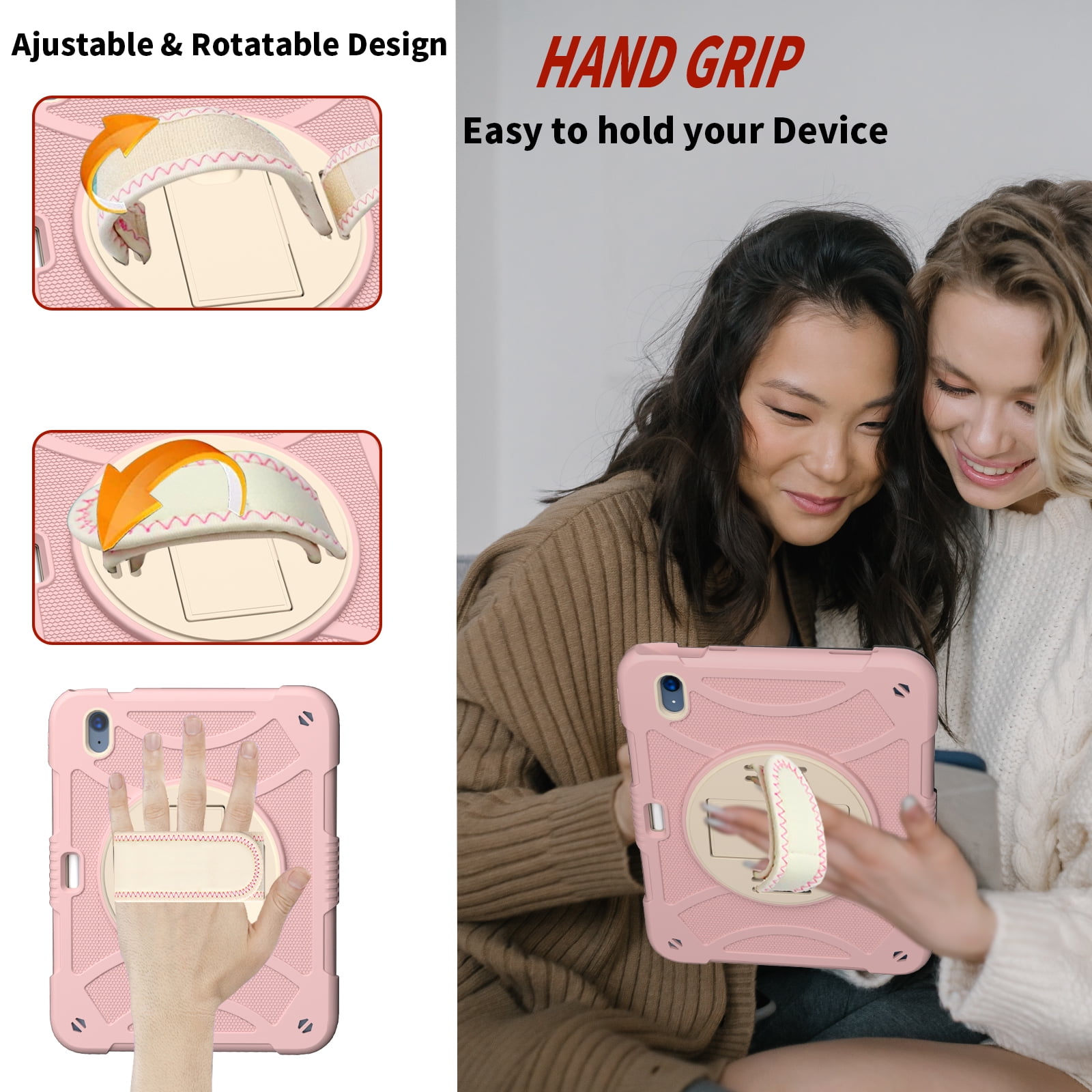 kids Case for iPad (A16) 11th Generation 11 Inch (2025), iPad 10th Generation 10.9 Inch (2022) Case, Military Grade Drop Protection with Hand/Shoulder Strap Rotating Stand Pencil Holder, Rosegold