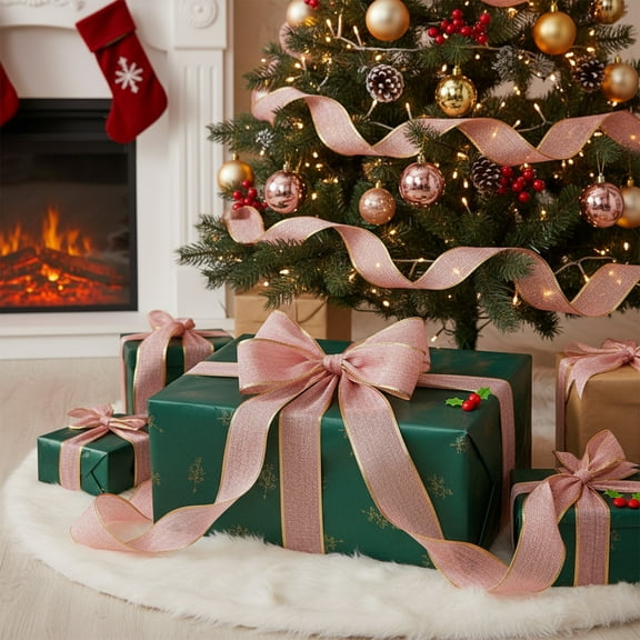 5cm Wide Pink-Gold Edging Polyester Ribbon (100/200cm) - Christmas Tree/Gift Box/Bouquet Wrapping Decor, Festive Bow-Making Ribbon