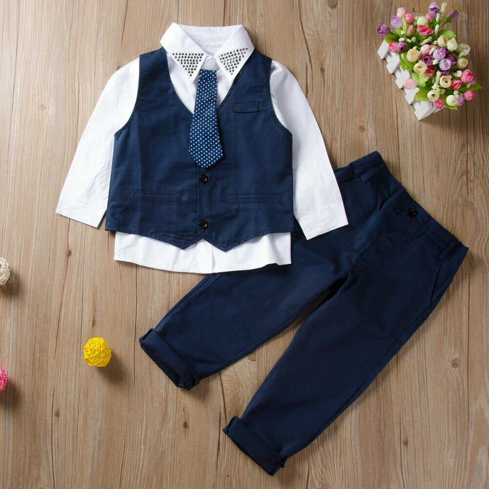 4PCS Kid Baby Boy Suit Shirt Waistcoat Tie Pants Formal Outfit Clothes