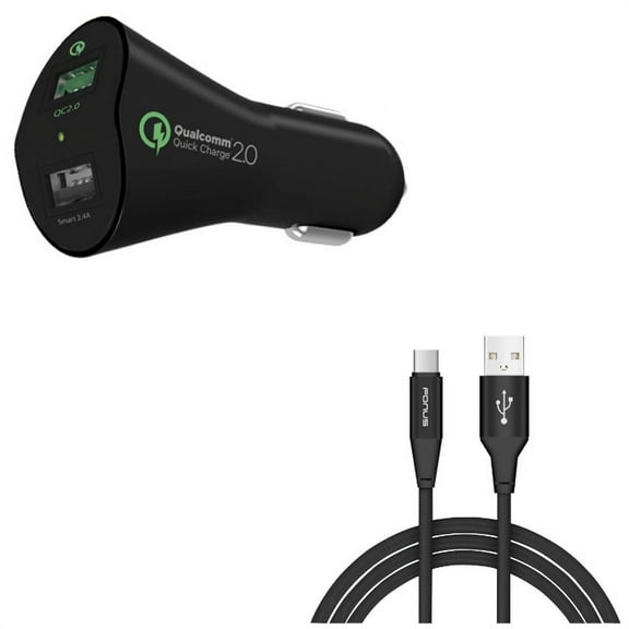 2-Port USB 30W Fast Car Charger w Charger Cord Type-C 6ft USB Cable J2J for Blackberry Motion, Key2, KEYone, LE - BLU G9, Vivo XI Plus 5 - CAT S61 S48c - Coolpad Legacy