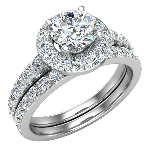 Diamond Wedding Ring Set for Women Round Brilliant Halo Rings 14K White Gold 1.38 Carat (G,I1)