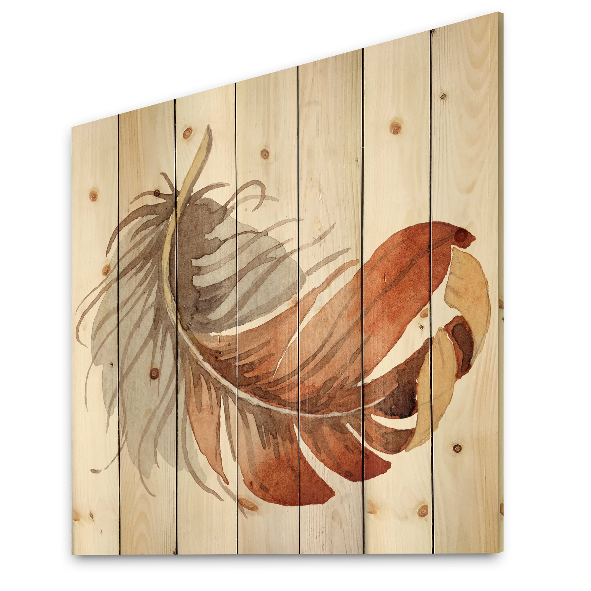 Designart 'Orange Ethnic Bird Feather On White' Bohemian & Eclectic Print on Natural Pine Wood