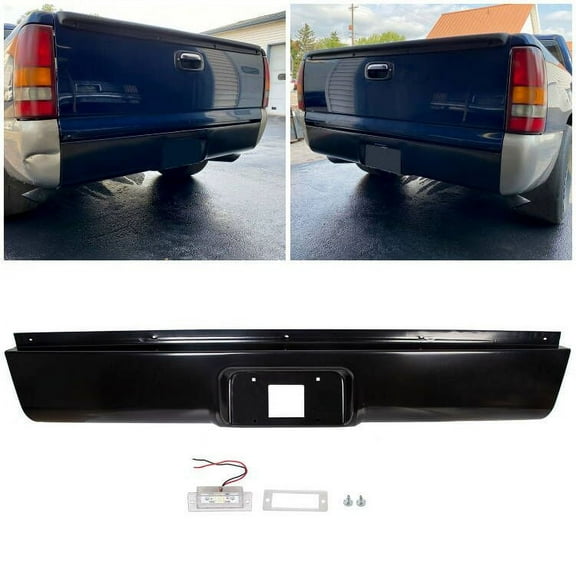 Kojem Rear Steel Fleetside Roll Pan Bumper With License Plate Hole and Light Compatible with 1999-2007 Chevy Silverado & GMC Sierra Pickup Trucks