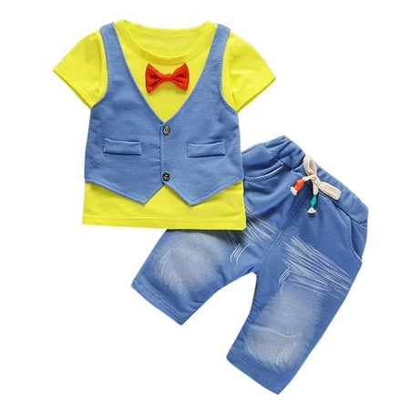 

OVTICZA Toddler Baby Boy Outfit T Shirts and Jeans Set Clothing Set Short Sleeve Summer Print with Yellow 110/XL