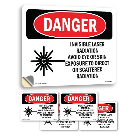 Invisible Laser Radiation Avoid Eye Exposure OSHA Danger Vinyl Decal Label 7 Inch x 5 Inch - 5 Pack