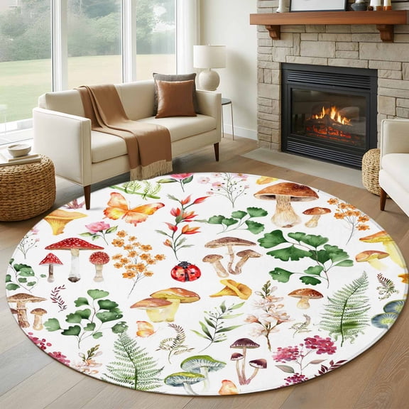 Round Area Rug 5 Ft, Mushrooms Ferns Washable Non-Slip Circle Carpet for Living Room/Bedroom, Watercolor Forest Floral Botanical Spring Low-Profile Runner Mats Collection Rugs for Indoor