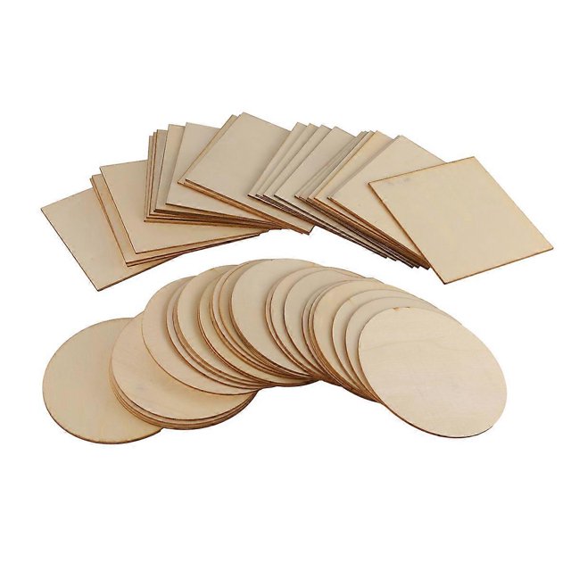 50Pcs Wood Slices 4X4Inch Unfinished Wood Pieces Square and Round Wooden for DIY Coaster Arts Painti