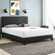 Einfach Queen Upholstered Platform Bed with Adjustable Black Leather Headboard, No Box Spring Needed