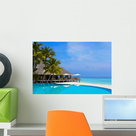 Cafe and Pool Tropical Wall Mural by Wallmonkeys Peel and Stick Graphic (18 in W x 12 in H) WM131141
