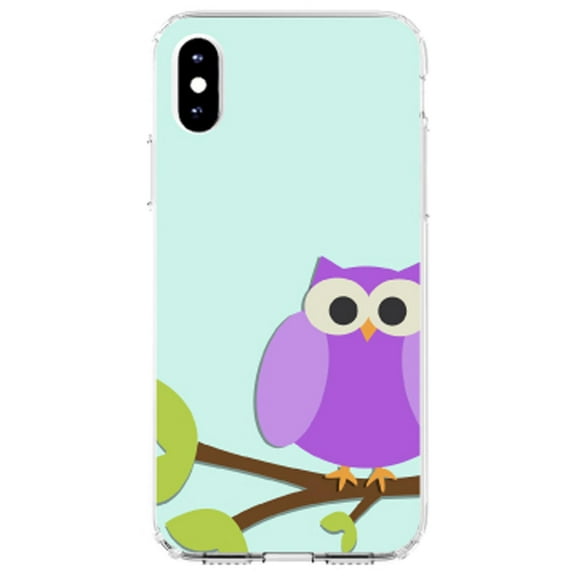 DistinctInk Clear Shockproof Hybrid Case for iPhone XR (6.1" Screen) - TPU Bumper, Acrylic Back, Tempered Glass Screen Protector - Purple Owl Cartoon - Cartoon Owls