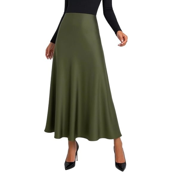 Yuanlong Womens Skirt Elegant Satin High Waist Ruffle Skirt A Line Flowy Soft Casual Daily Party Dating Vacation Maxi Skirt
