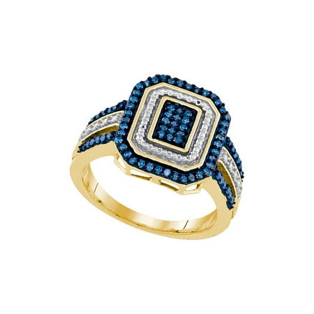 10K Yellow Gold 0.33ctw Shiny Pave Diamond Decorated Blue Asscher Fashion Ring