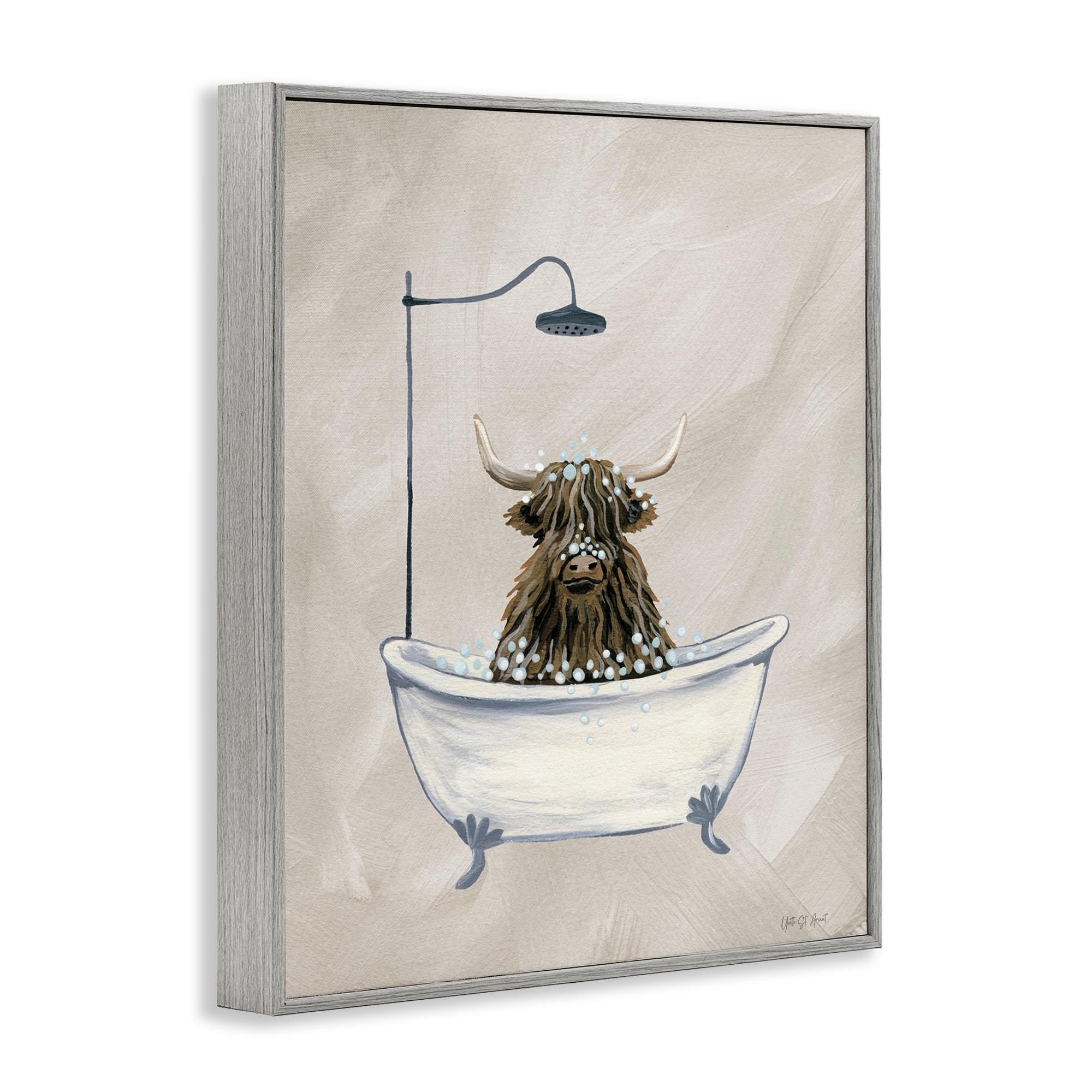 Stupell Industries Highland Cow Bubble Bath Typography Painting Gray Framed Art Print Wall Art, 24 x 30