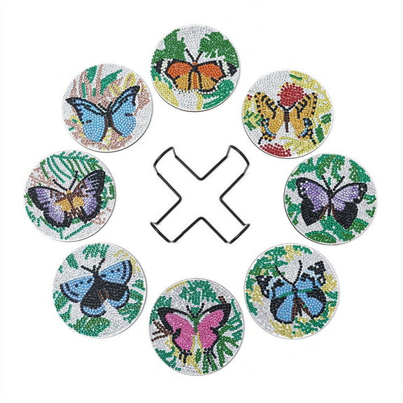8pcs 5D Diamond Painting Coaster Kit DIY Diamond Art Coaster with Bracket Anti slip Coaster Most Suitable for Beginners, Children, and Adults Handmade Art Home Decoration(Butterfly)