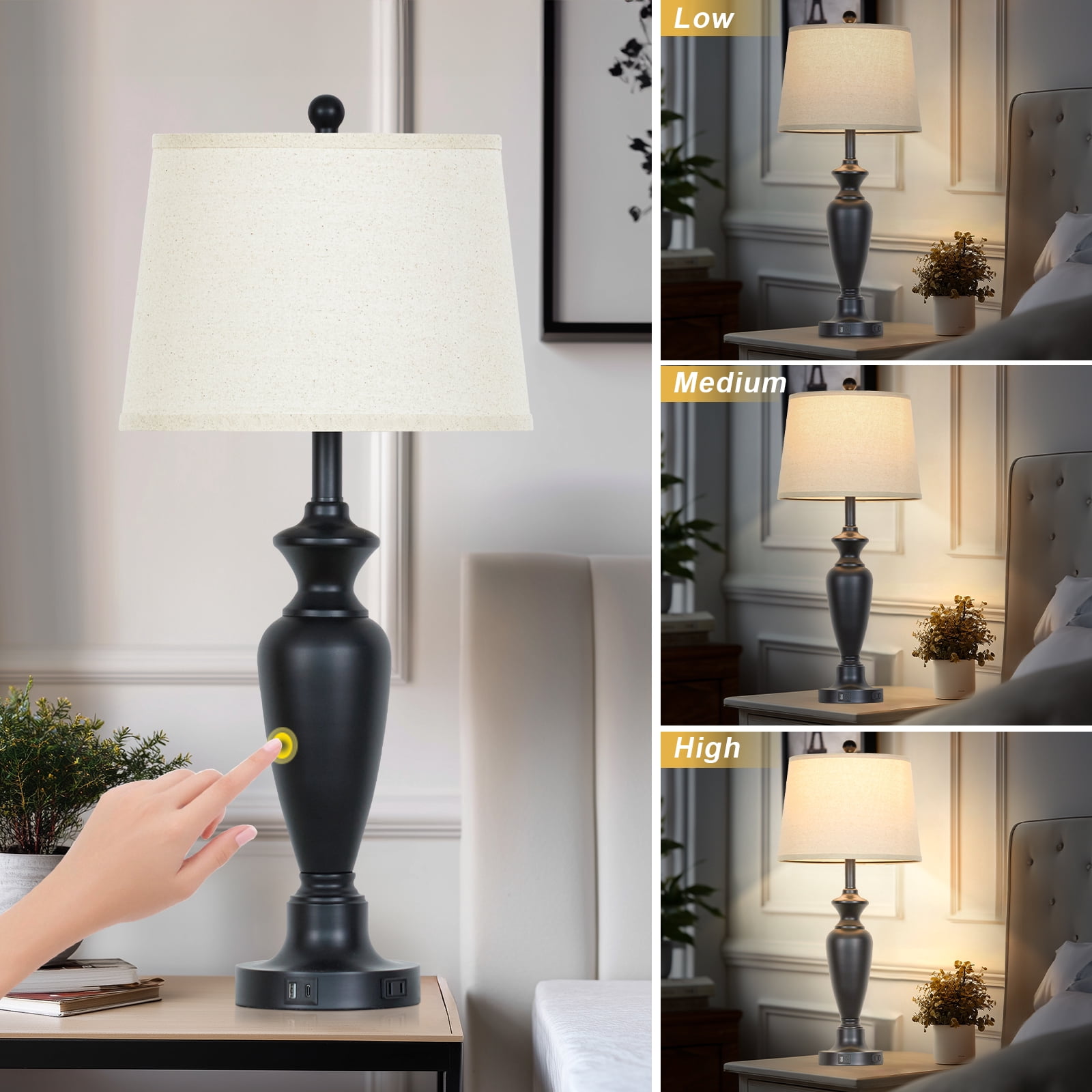 Cinkeda Table Lamps Set of 2 for Bedroom Living Room 3 Way Dimmable Bedside Lamps with 2 USB Charging Ports,30" Tall Metal Touch Control Nightstand Lamp