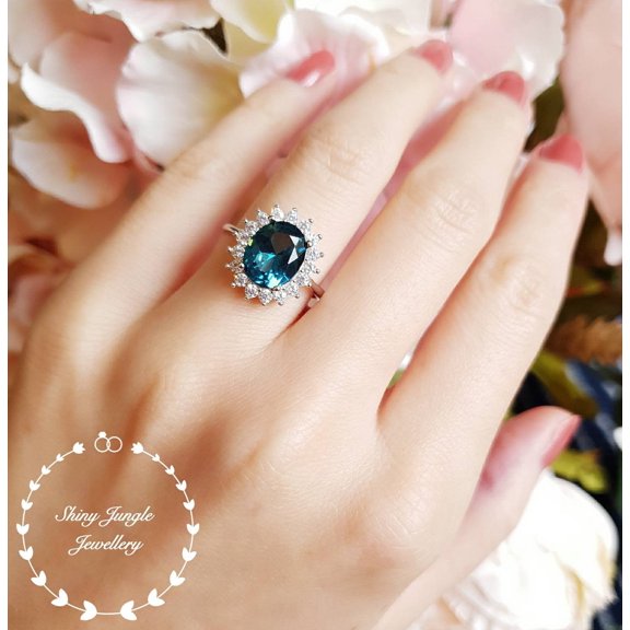 London blue topaz engagement ring, 3 carats oval cut blue topaz promise engagement ring