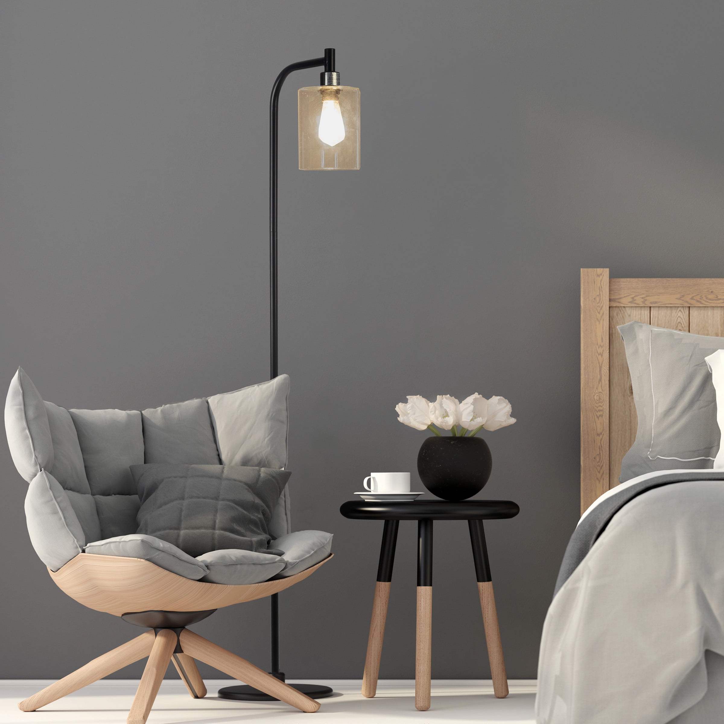 Lavish Home 65-inch Modern Floor Lamp with Glass Shade and LED Edison Bulb (Black)