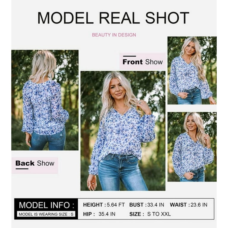 Astylish Women s Business Casual Blue V Neck Floral Print Blouse Puff Sleeve Tops Office Pullover Shirt Size S Walmart