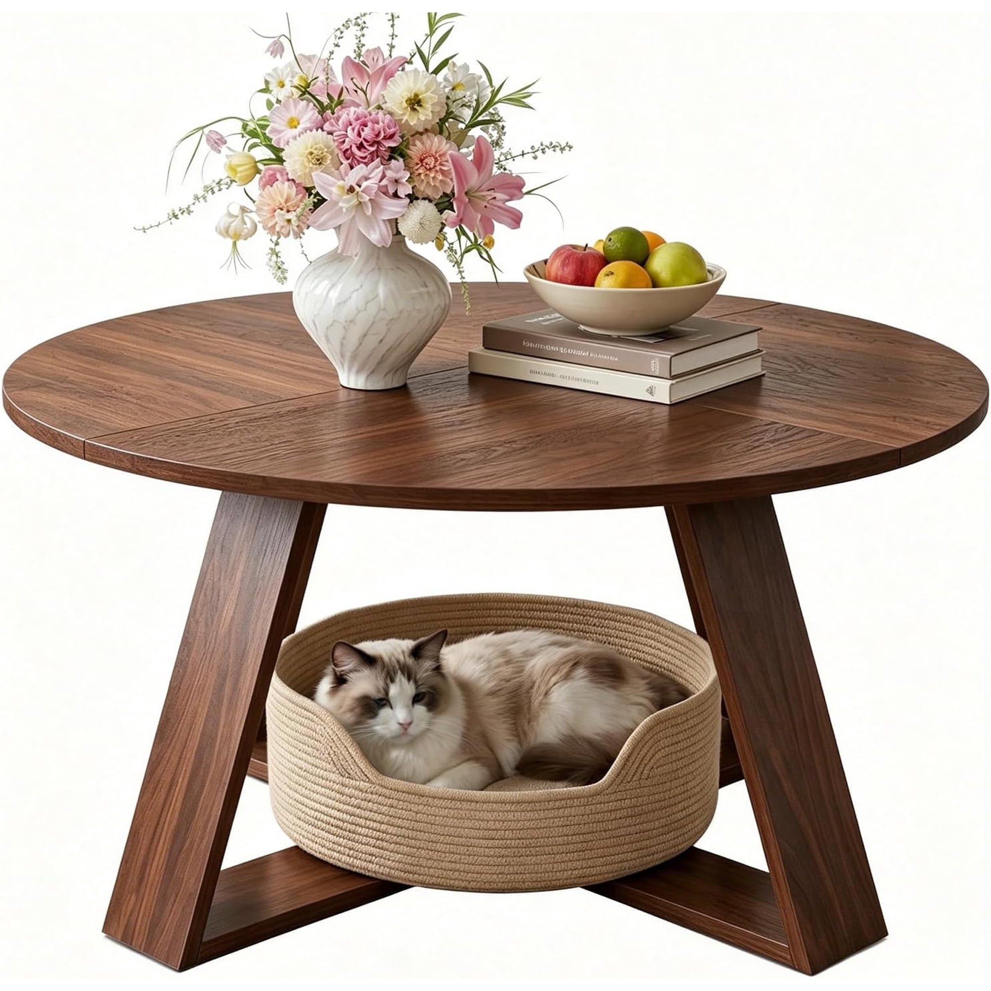 Round Coffee Table for Living Room with Open Storage -Walnut Wood | 31.5 Mid Century Modern Circle Center Accent Table with Sturdy Cross Base for Small Space Office Apartment Rustic Brown