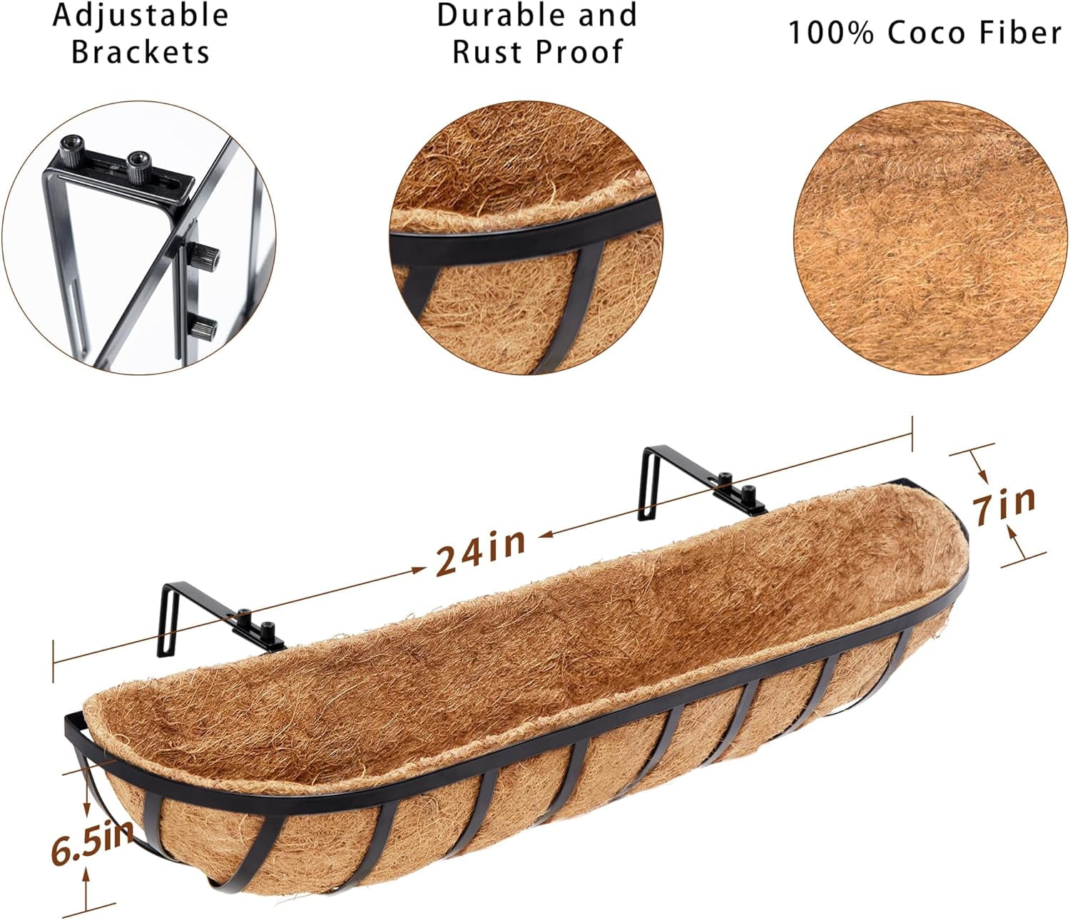 Y&M 2pcs 24 Inch Window Deck with Coco Liner, 24" Window Boxes Horse Trough with Coconut Coir Liner, Black Metal Hanging Flower Planter Window Basket Deck Railing Planter Boxes for Outdoor Indoor