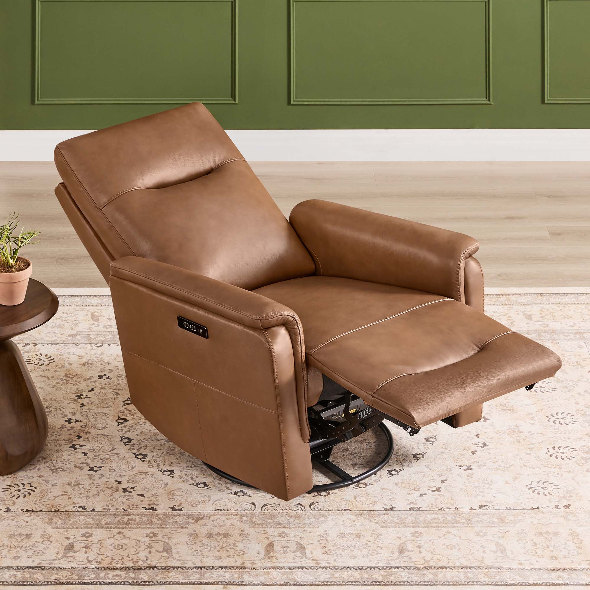Spruce & Spring Genuine Leather Dual Motor Swivel Glider Recliner Chair, Saddle